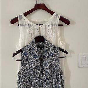 Sheer White Lace Accent Blouse / & Blue printed sleeveless top